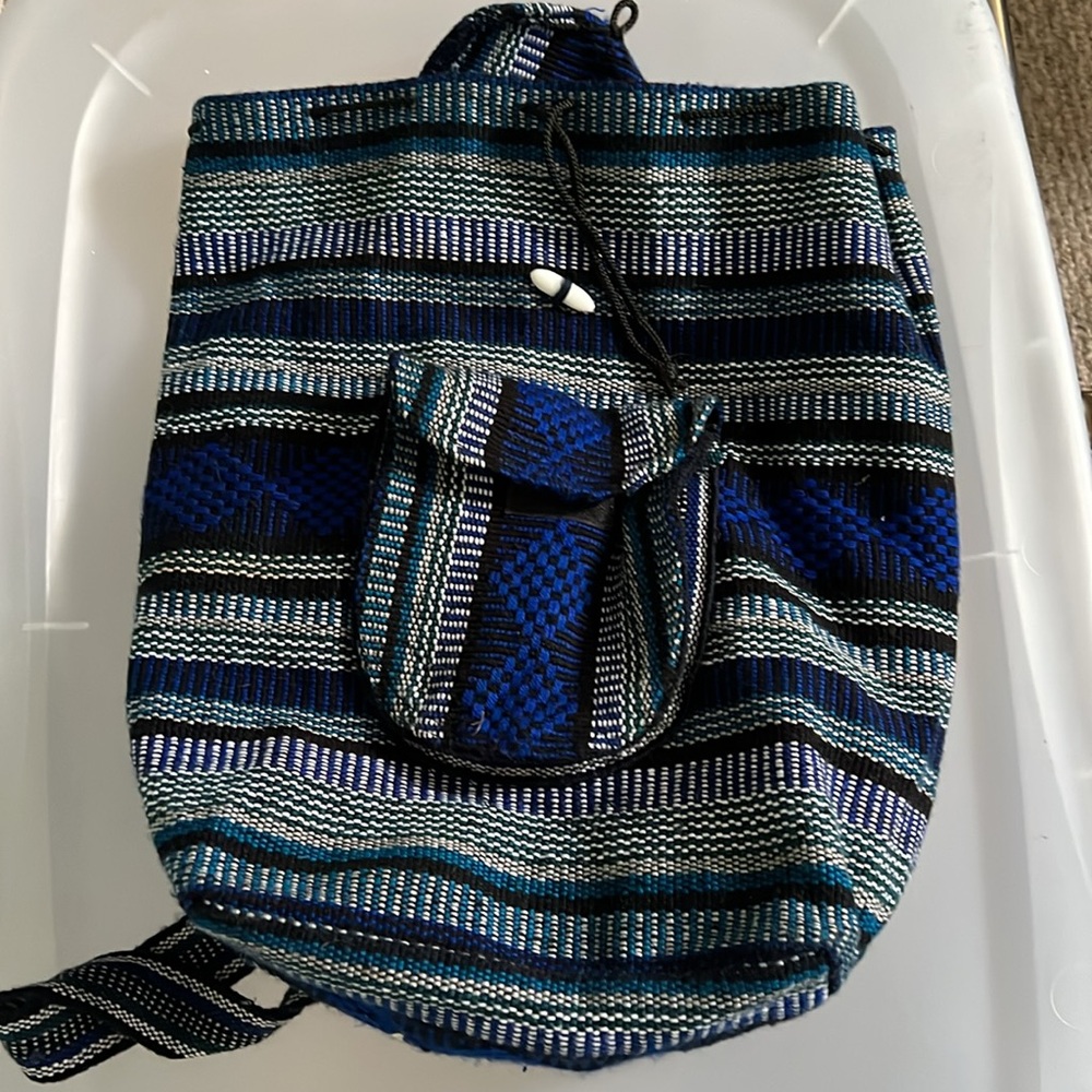 Mexican Rug Pattern Backpack Striped Blue, White and Black Drawstring Top